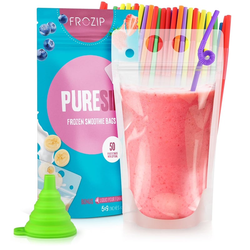 Frozip 50pcs 16oz Drink Pouches for Adults - Drink Pouches with Straws x50 & Funnel - Resealable Smoothie Pouches & Clear Juice Pouches for Adults - Drink Bag Plastic Pouches for Drinks with Straws - Image 1